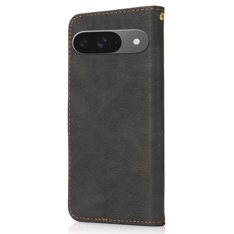 For Google Pixel 9 / Pixel 9 Pro Cover Color Splicing Wallet Stand Leather Phone Case with Wrist Strap - Black+Brown