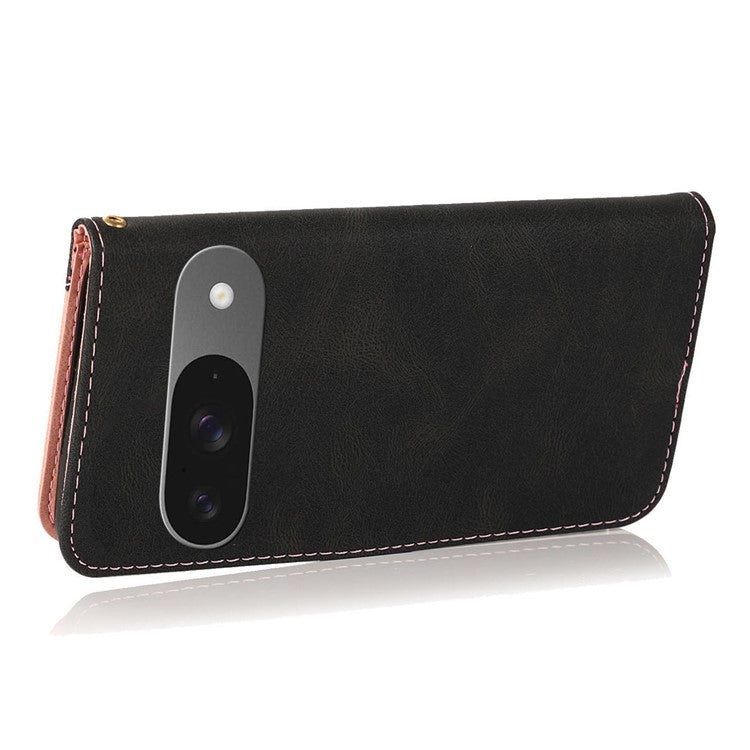For Google Pixel 9 / Pixel 9 Pro Cover Color Splicing Wallet Stand Leather Phone Case with Wrist Strap - Black+Rose Gold