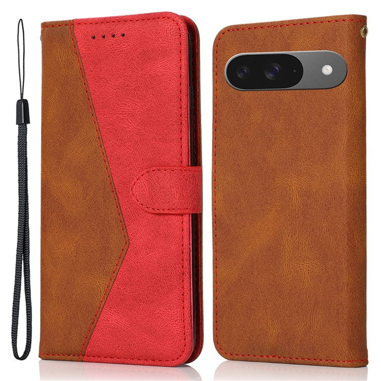 For Google Pixel 9 / Pixel 9 Pro Cover Color Splicing Wallet Stand Leather Phone Case with Wrist Strap - Brown+Red