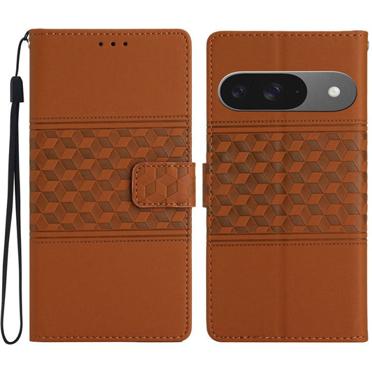 For Google Pixel 9 / Pixel 9 Pro Case Rhombus Leather Horizontal Flip Phone Cover - Brown