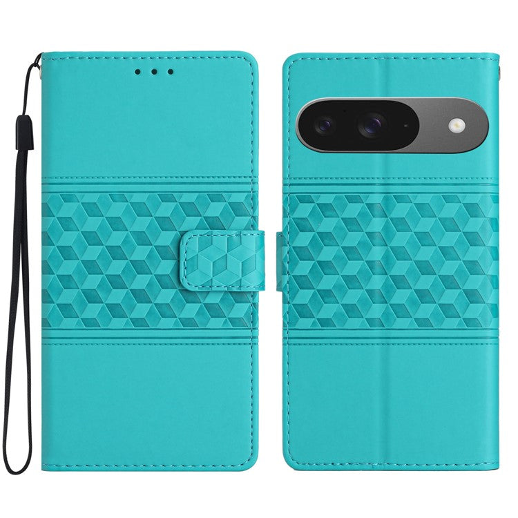 For Google Pixel 9 / Pixel 9 Pro Case Rhombus Leather Horizontal Flip Phone Cover - Sky Blue