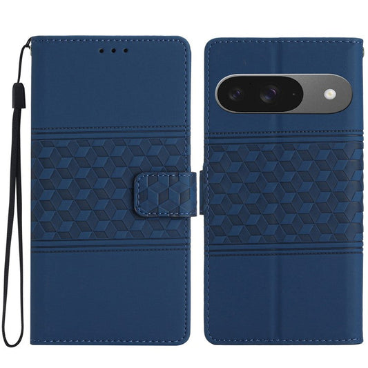 For Google Pixel 9 / Pixel 9 Pro Case Rhombus Leather Horizontal Flip Phone Cover - Blue
