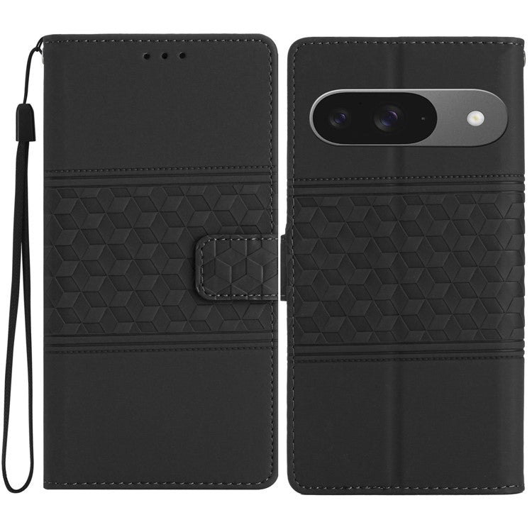 For Google Pixel 9 / Pixel 9 Pro Case Rhombus Leather Horizontal Flip Phone Cover - Black