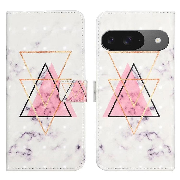 For Google Pixel 9 / Pixel 9 Pro Case 3D Creative Pattern PU Leather Stand Phone Cover - Triangle Marble