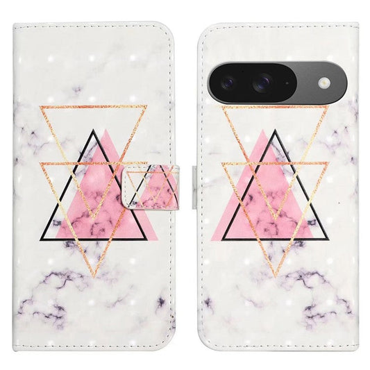 For Google Pixel 9 / Pixel 9 Pro Case 3D Creative Pattern PU Leather Stand Phone Cover - Triangle Marble