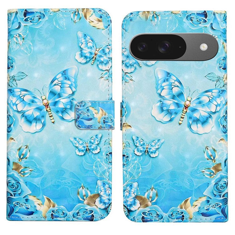 For Google Pixel 9 / Pixel 9 Pro Case 3D Creative Pattern PU Leather Stand Phone Cover - Blue Butterfly
