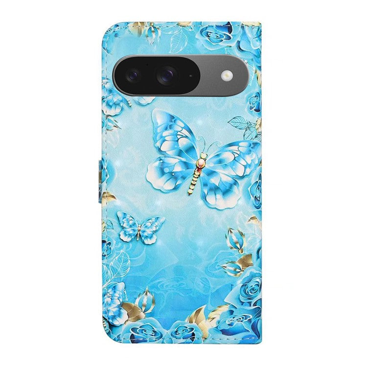 For Google Pixel 9 / Pixel 9 Pro Case 3D Creative Pattern PU Leather Stand Phone Cover - Blue Butterfly