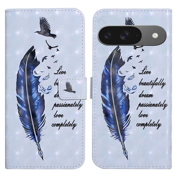 For Google Pixel 9 / Pixel 9 Pro Case 3D Creative Pattern PU Leather Stand Phone Cover - Blue Feather