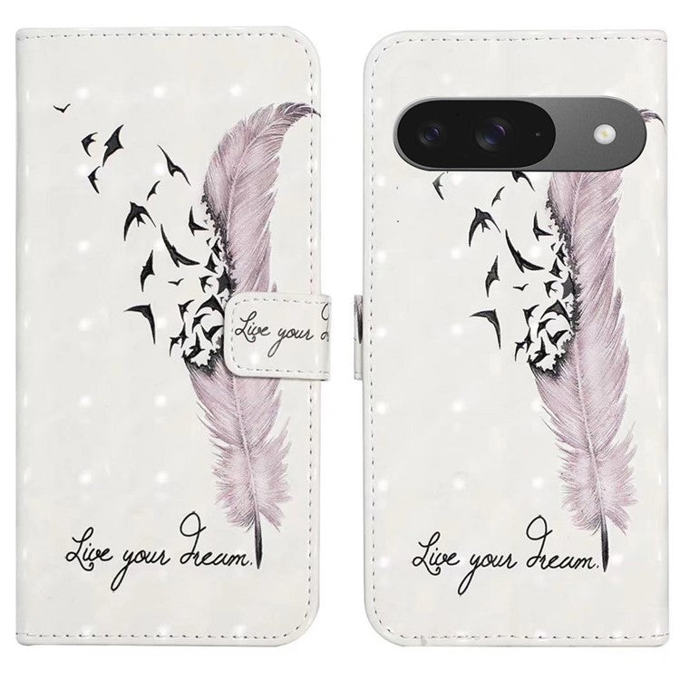 For Google Pixel 9 / Pixel 9 Pro Case 3D Creative Pattern PU Leather Stand Phone Cover - Feather
