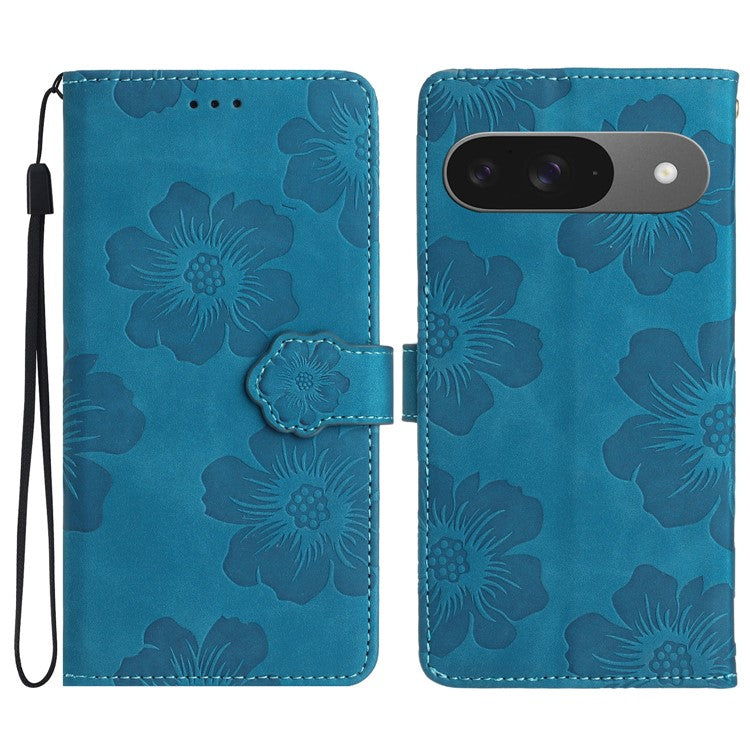 For Google Pixel 9 / Pixel 9 Pro Case Flower Design Leather Wallet Phone Cover with Wrist Strap - Blue
