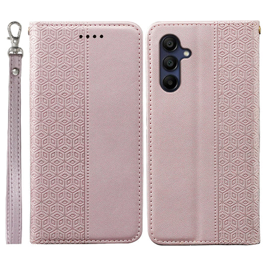 For Samsung Galaxy A16 5G / A16 4G Wallet Phone Case Strong Magnetic Checkered Pattern Imprint Leather Flip Cover - Rose Gold