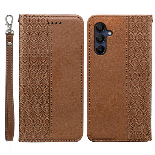 For Samsung Galaxy A16 5G / A16 4G Wallet Phone Case Strong Magnetic Checkered Pattern Imprint Leather Flip Cover - Brown
