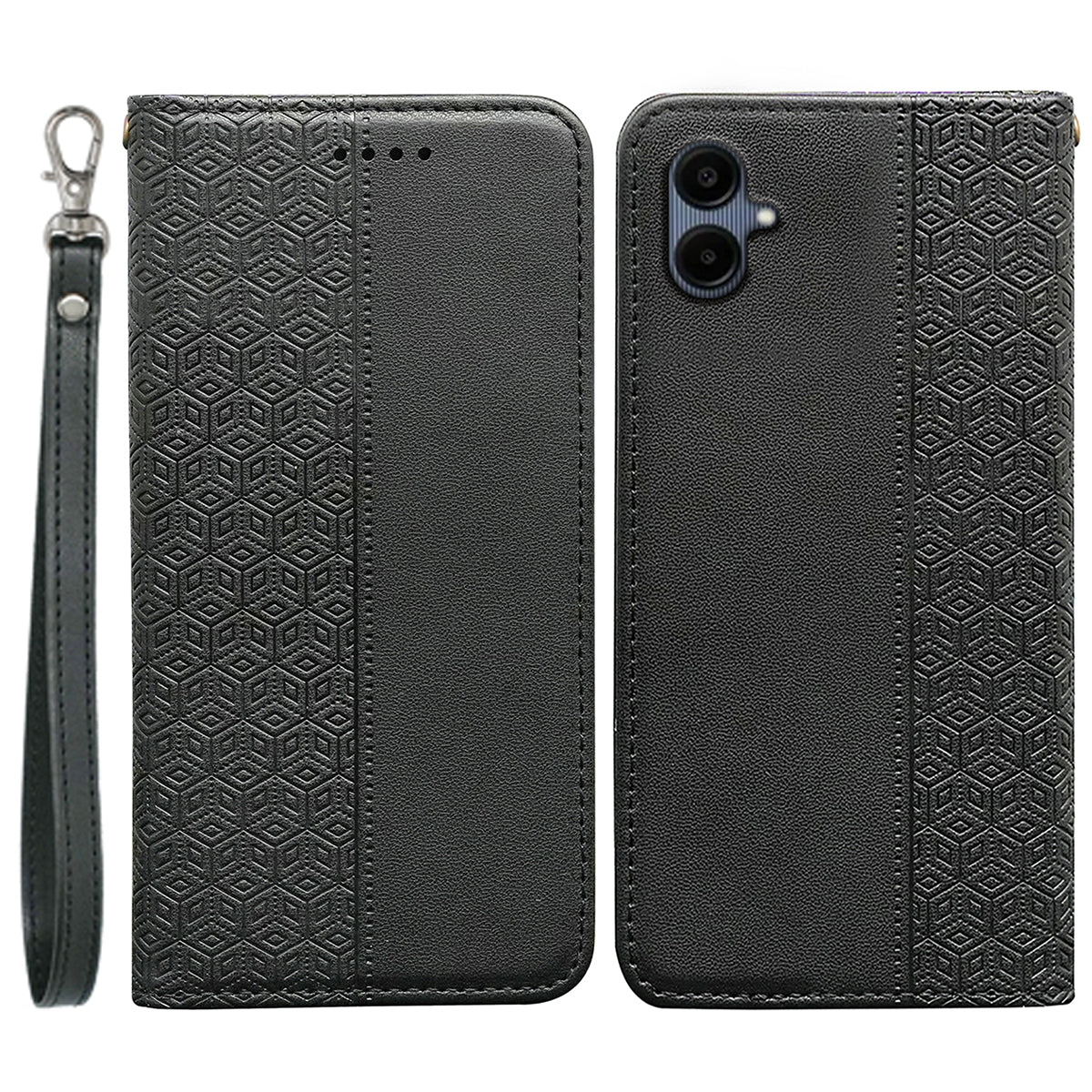 For Samsung Galaxy A06 Wallet Phone Case Strong Magnetic Checkered Pattern Imprint Leather Flip Cover - Black