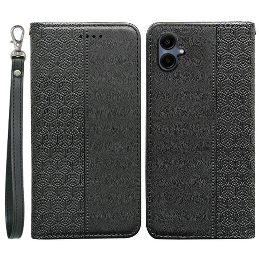 For Samsung Galaxy A06 Wallet Phone Case Strong Magnetic Checkered Pattern Imprint Leather Flip Cover - Black