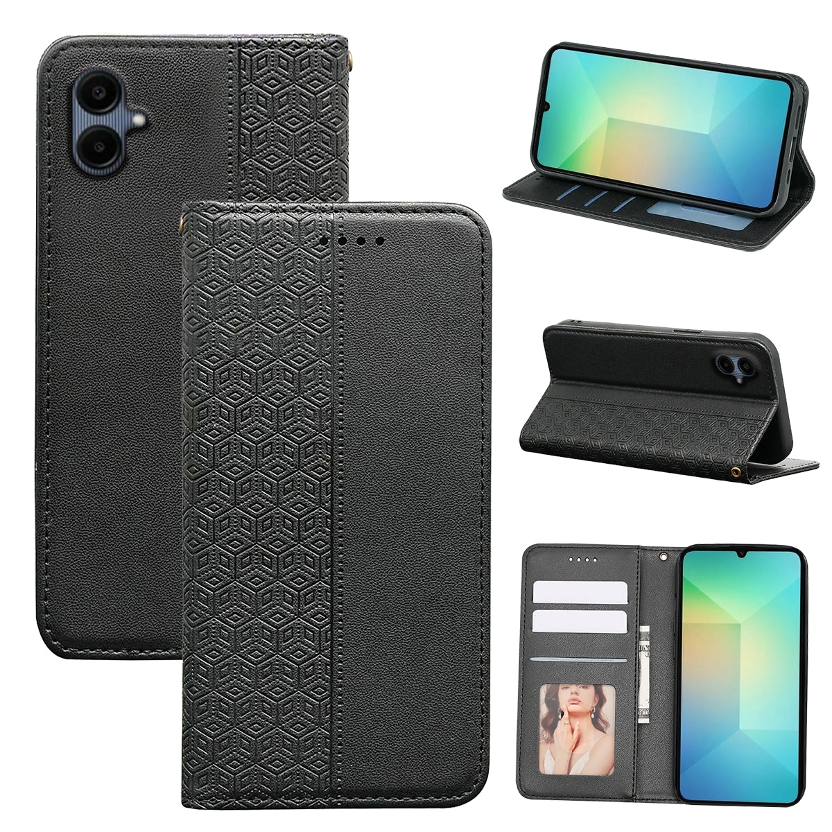 For Samsung Galaxy A06 Wallet Phone Case Strong Magnetic Checkered Pattern Imprint Leather Flip Cover - Black
