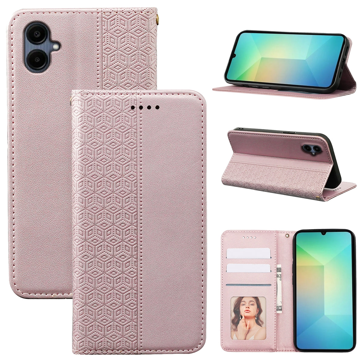 For Samsung Galaxy A06 Wallet Phone Case Strong Magnetic Checkered Pattern Imprint Leather Flip Cover - Rose Gold