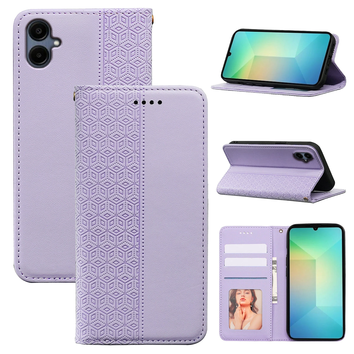 For Samsung Galaxy A06 Wallet Phone Case Strong Magnetic Checkered Pattern Imprint Leather Flip Cover - Purple