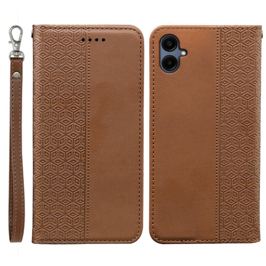 For Samsung Galaxy A06 Wallet Phone Case Strong Magnetic Checkered Pattern Imprint Leather Flip Cover - Brown
