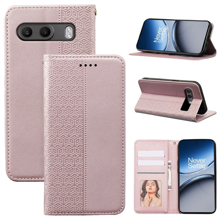 For OnePlus Nord 4 Wallet Phone Case Strong Magnetic Checkered Pattern Imprint Leather Flip Cover - Rose Gold