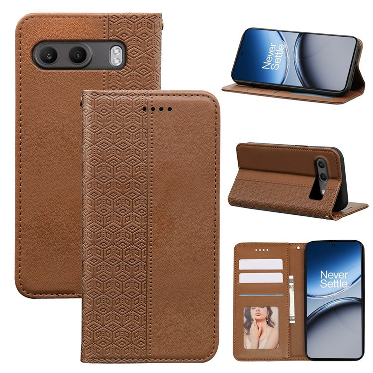 For OnePlus Nord 4 Wallet Phone Case Strong Magnetic Checkered Pattern Imprint Leather Flip Cover - Brown