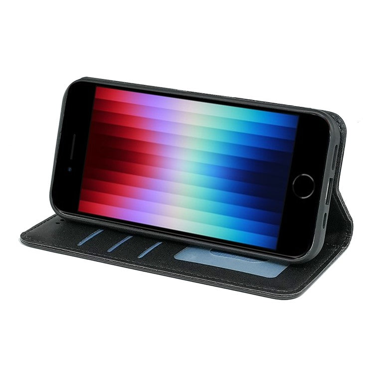 For iPhone 16e Wallet Phone Case Strong Magnetic Checkered Pattern Imprint Leather Flip Cover - Black