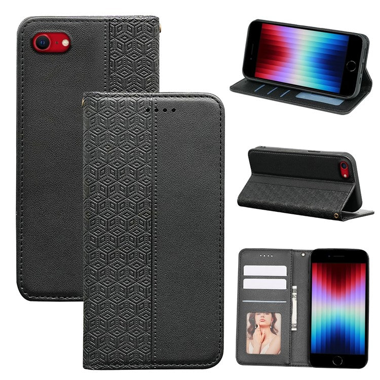 For iPhone 16e Wallet Phone Case Strong Magnetic Checkered Pattern Imprint Leather Flip Cover - Black
