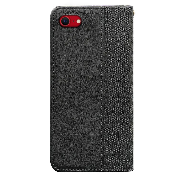 For iPhone 16e Wallet Phone Case Strong Magnetic Checkered Pattern Imprint Leather Flip Cover - Black
