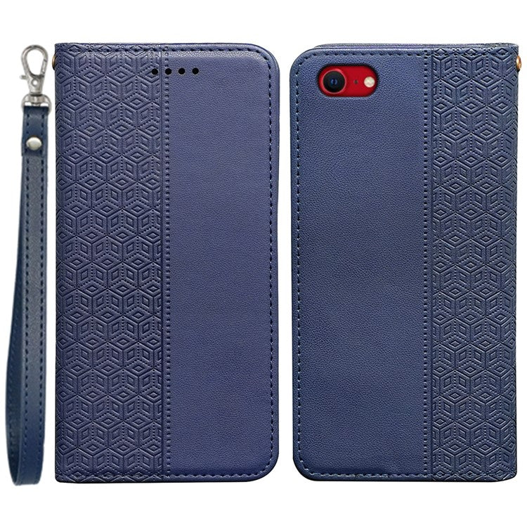 For iPhone 16e Wallet Phone Case Strong Magnetic Checkered Pattern Imprint Leather Flip Cover - Blue