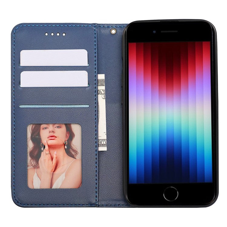 For iPhone 16e Wallet Phone Case Strong Magnetic Checkered Pattern Imprint Leather Flip Cover - Blue