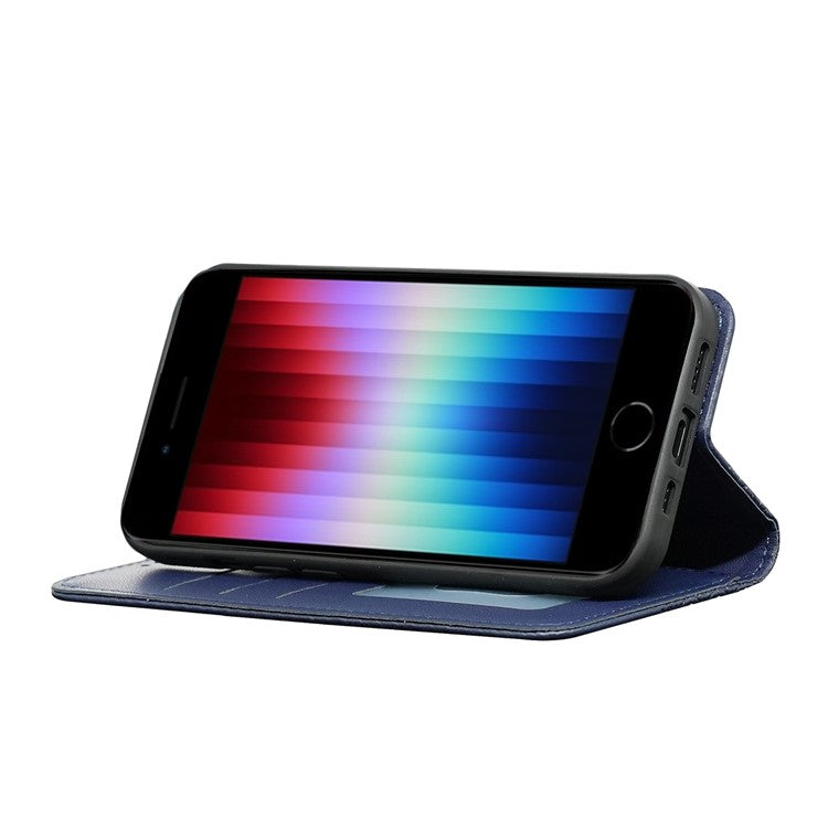 For iPhone 16e Wallet Phone Case Strong Magnetic Checkered Pattern Imprint Leather Flip Cover - Blue