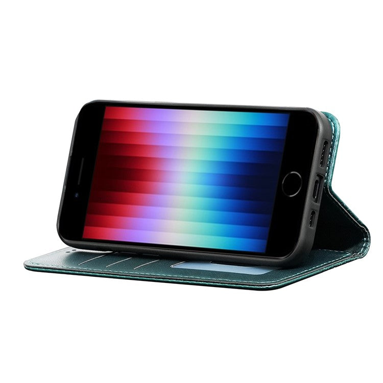 For iPhone 16e Wallet Phone Case Strong Magnetic Checkered Pattern Imprint Leather Flip Cover - Green