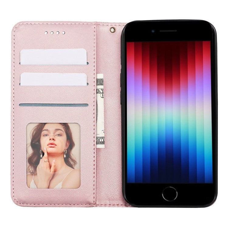 For iPhone 16e Wallet Phone Case Strong Magnetic Checkered Pattern Imprint Leather Flip Cover - Rose Gold
