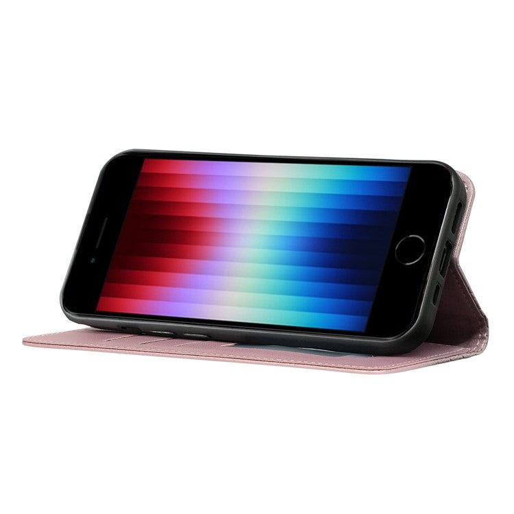 For iPhone 16e Wallet Phone Case Strong Magnetic Checkered Pattern Imprint Leather Flip Cover - Rose Gold