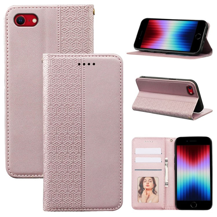 For iPhone 16e Wallet Phone Case Strong Magnetic Checkered Pattern Imprint Leather Flip Cover - Rose Gold