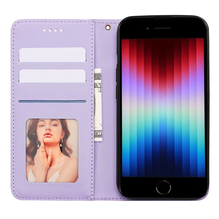 For iPhone 16e Wallet Phone Case Strong Magnetic Checkered Pattern Imprint Leather Flip Cover - Purple