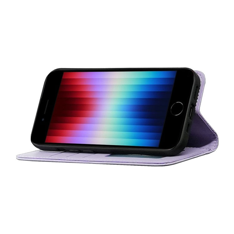 For iPhone 16e Wallet Phone Case Strong Magnetic Checkered Pattern Imprint Leather Flip Cover - Purple