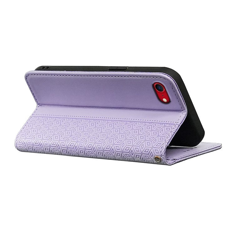 For iPhone 16e Wallet Phone Case Strong Magnetic Checkered Pattern Imprint Leather Flip Cover - Purple