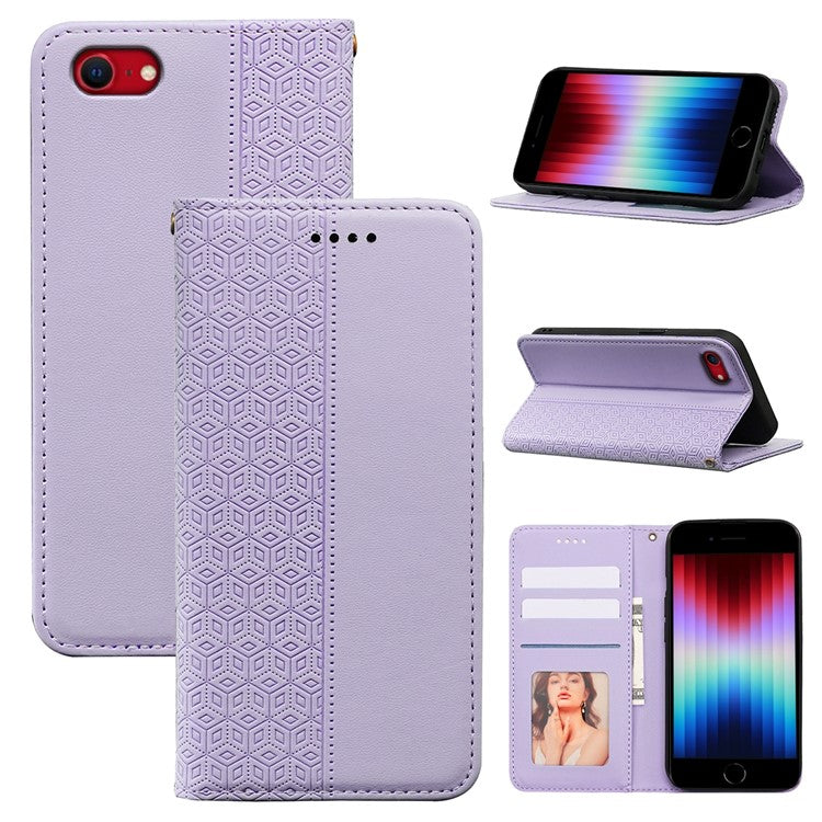For iPhone 16e Wallet Phone Case Strong Magnetic Checkered Pattern Imprint Leather Flip Cover - Purple