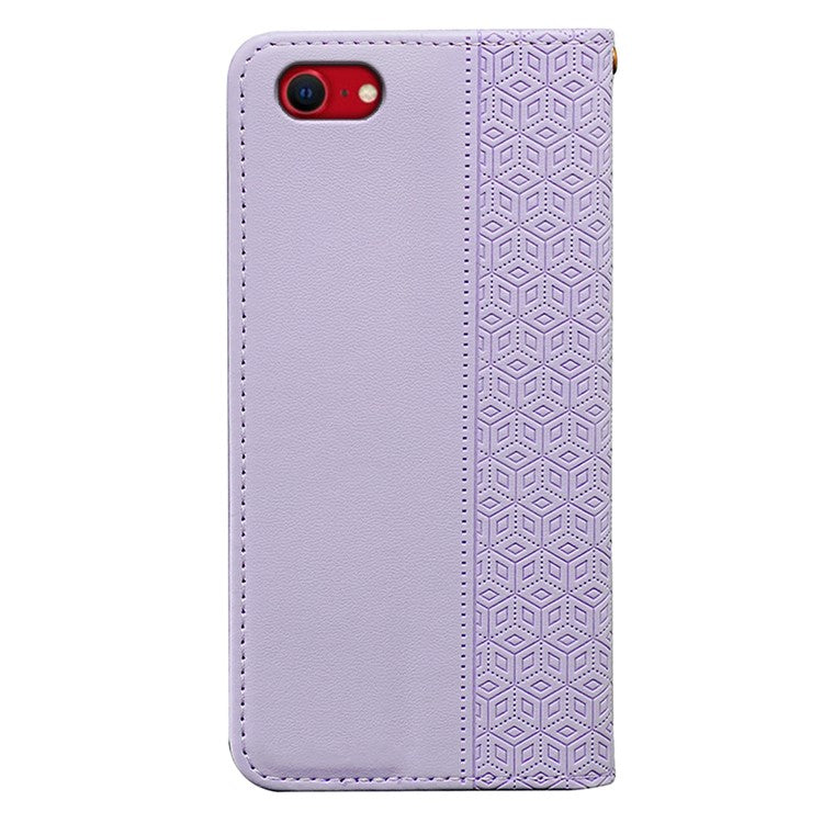 For iPhone 16e Wallet Phone Case Strong Magnetic Checkered Pattern Imprint Leather Flip Cover - Purple