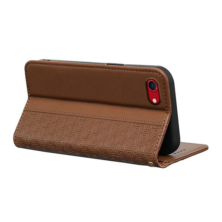 For iPhone 16e Wallet Phone Case Strong Magnetic Checkered Pattern Imprint Leather Flip Cover - Brown
