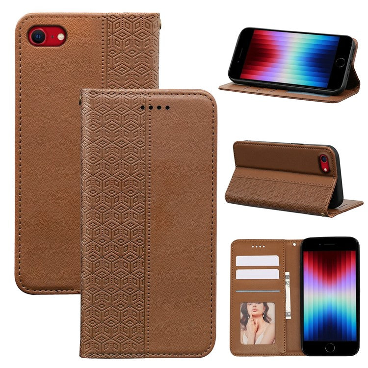 For iPhone 16e Wallet Phone Case Strong Magnetic Checkered Pattern Imprint Leather Flip Cover - Brown