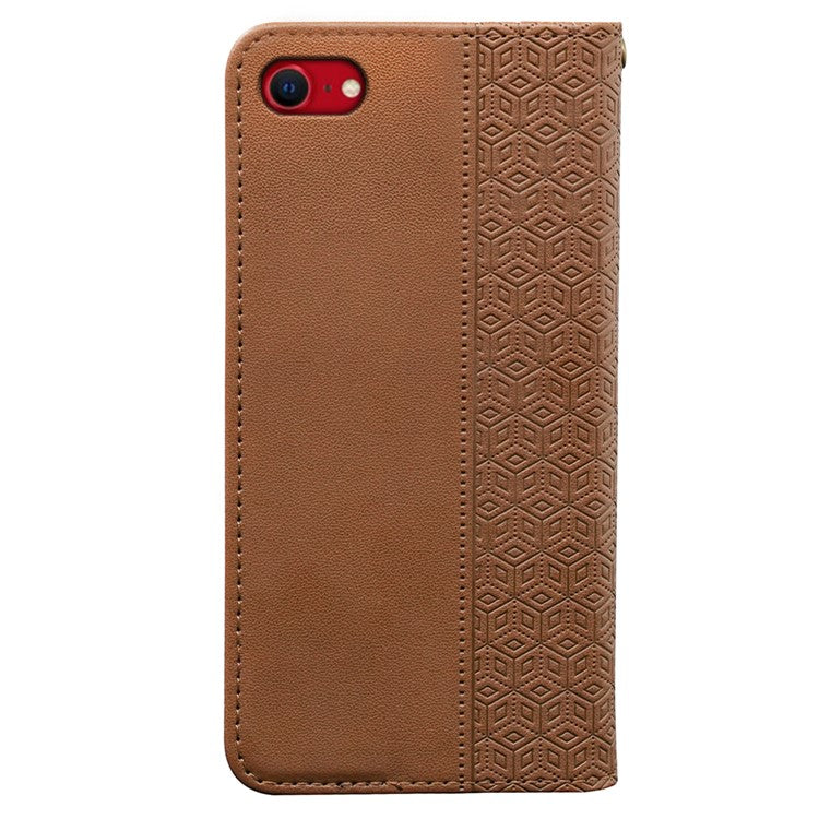 For iPhone 16e Wallet Phone Case Strong Magnetic Checkered Pattern Imprint Leather Flip Cover - Brown
