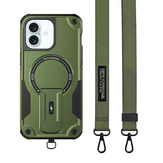 For iPhone 16 Plus Case Compatible with MagSafe TPU+PC Kickstand Phone Cover with Strap - Army Green