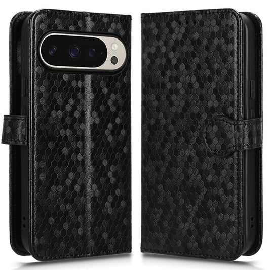 For Google Pixel 9 Pro / Pixel 9 Wallet Case Dot Pattern Imprint PU Leather Phone Cover - Black