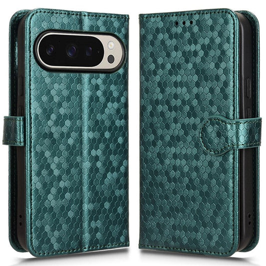 For Google Pixel 9 Pro / Pixel 9 Wallet Case Dot Pattern Imprint PU Leather Phone Cover - Green