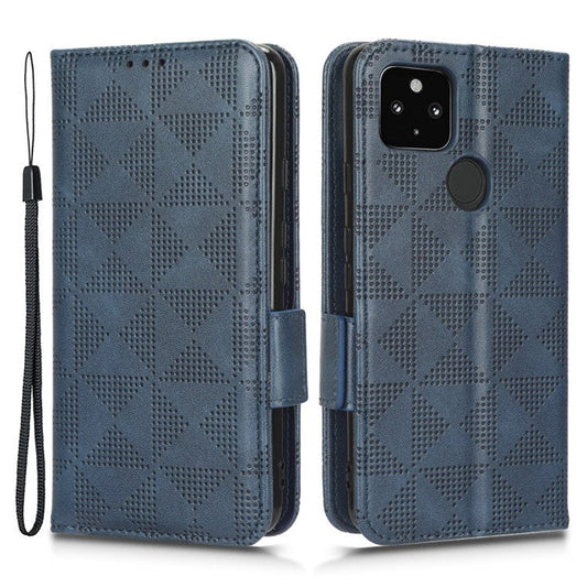 For Google Pixel 4a 5G Imprinted Triangle Pattern PU Leather + TPU Case Magnetic Clasp Phone Shell with Stand Wallet - Blue