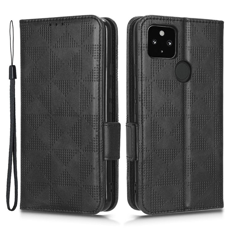 For Google Pixel 4a 5G Imprinted Triangle Pattern PU Leather + TPU Case Magnetic Clasp Phone Shell with Stand Wallet - Black