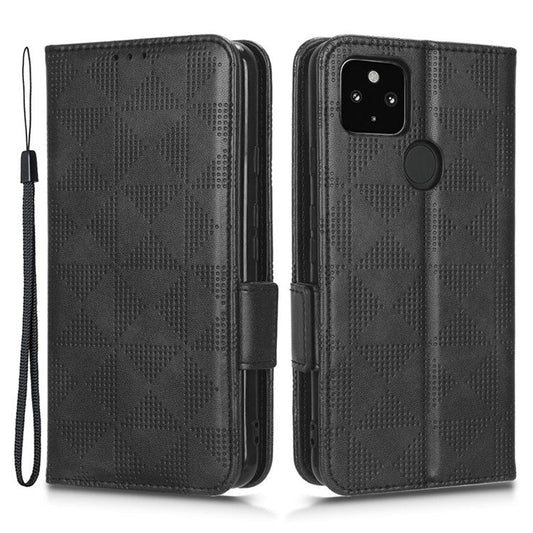For Google Pixel 4a 5G Imprinted Triangle Pattern PU Leather + TPU Case Magnetic Clasp Phone Shell with Stand Wallet - Black