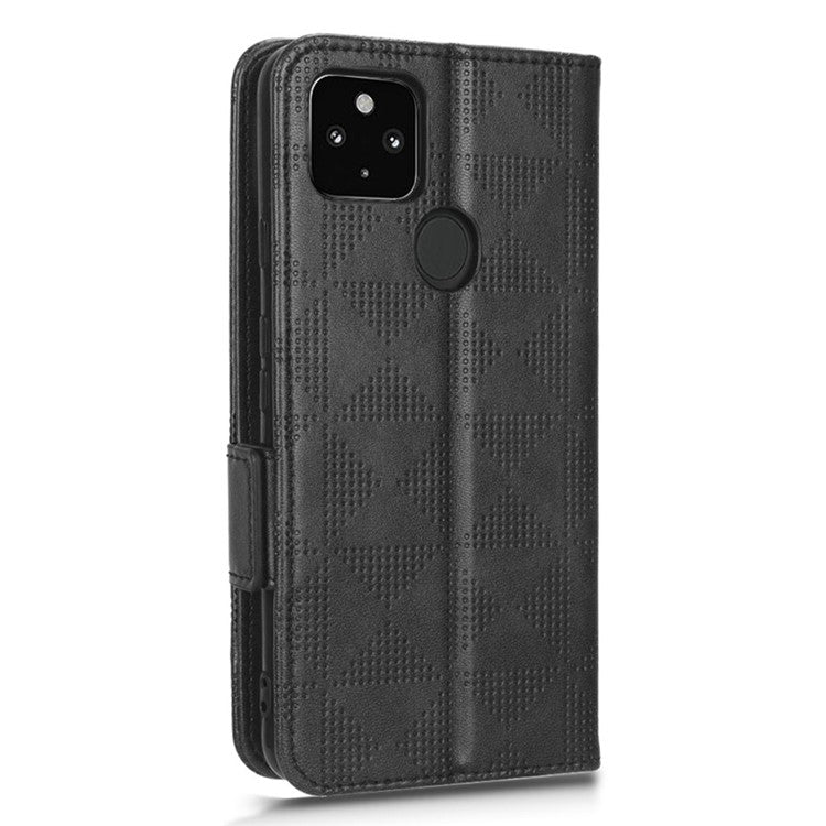 For Google Pixel 4a 5G Imprinted Triangle Pattern PU Leather + TPU Case Magnetic Clasp Phone Shell with Stand Wallet - Black