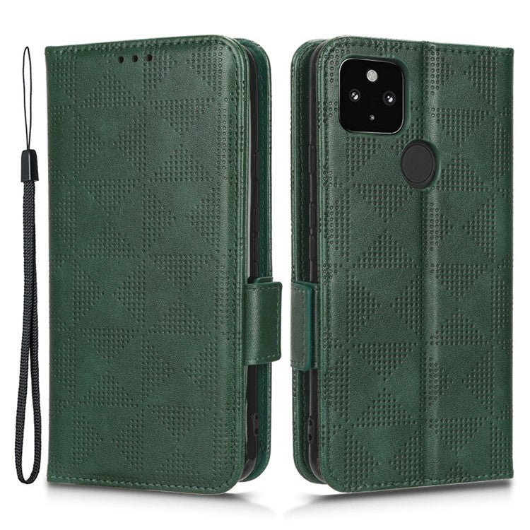 For Google Pixel 4a 5G Imprinted Triangle Pattern PU Leather + TPU Case Magnetic Clasp Phone Shell with Stand Wallet - Green